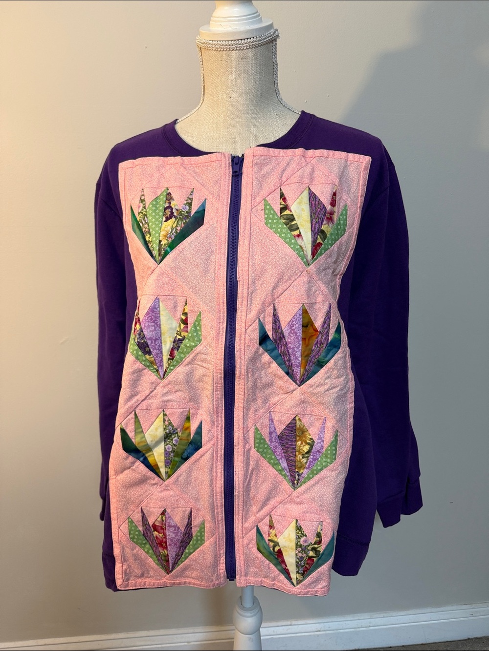 Purple and Pink Quilted Floral Patchwork Bomber Jacket Sweatshirt